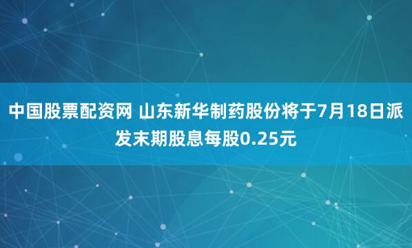 中国股票配资网 山东新华制药股份将于7月18日派发末期股息每股0.25元